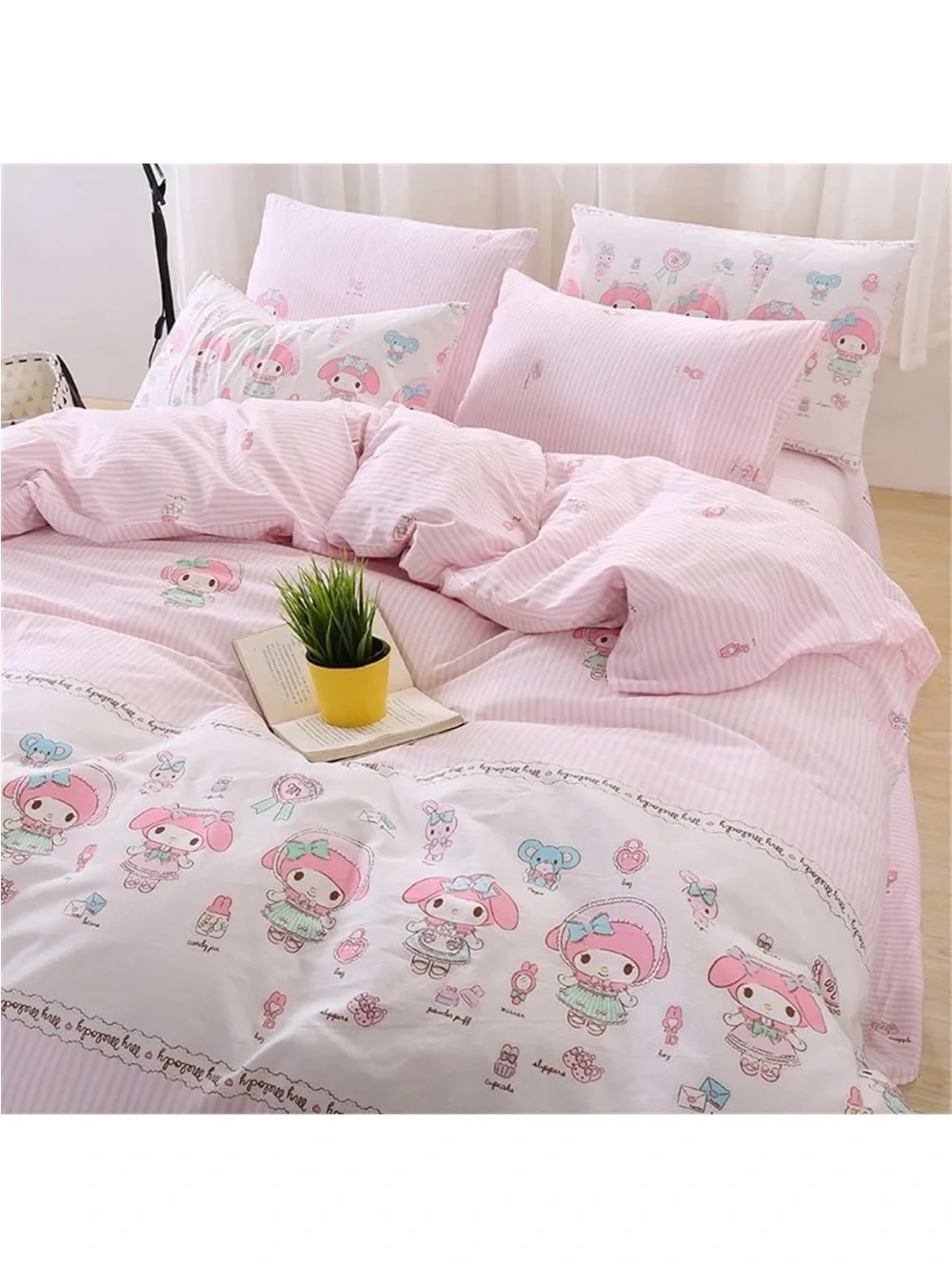 Rare My Melody Hello Kitty Queen Cotton Bedding Sheet Set 4 pieces